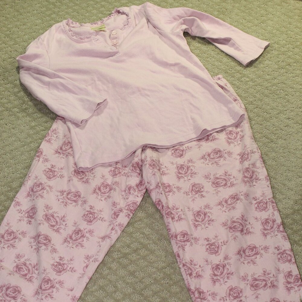Vtg Cherokee Women's Small 100% Cotton Solid Pink Knit Top Floral Chambray Pants